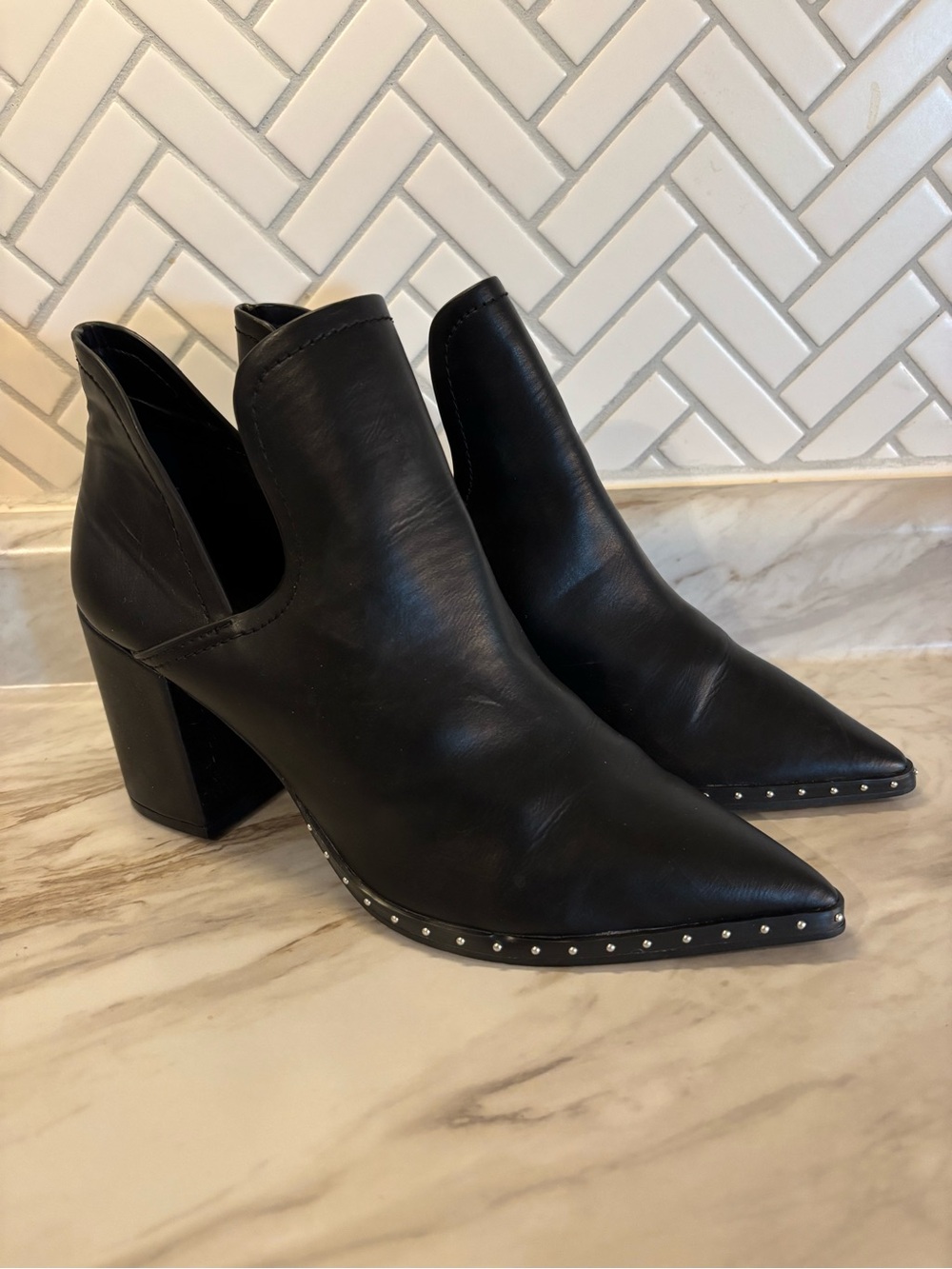 Qupid Black Pointed Leather Booties with Studded Trim